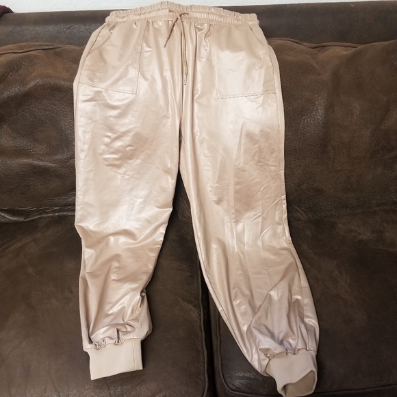 Fashion Nova Cream/Tan Silk Joggers. - Picture 3 of 5